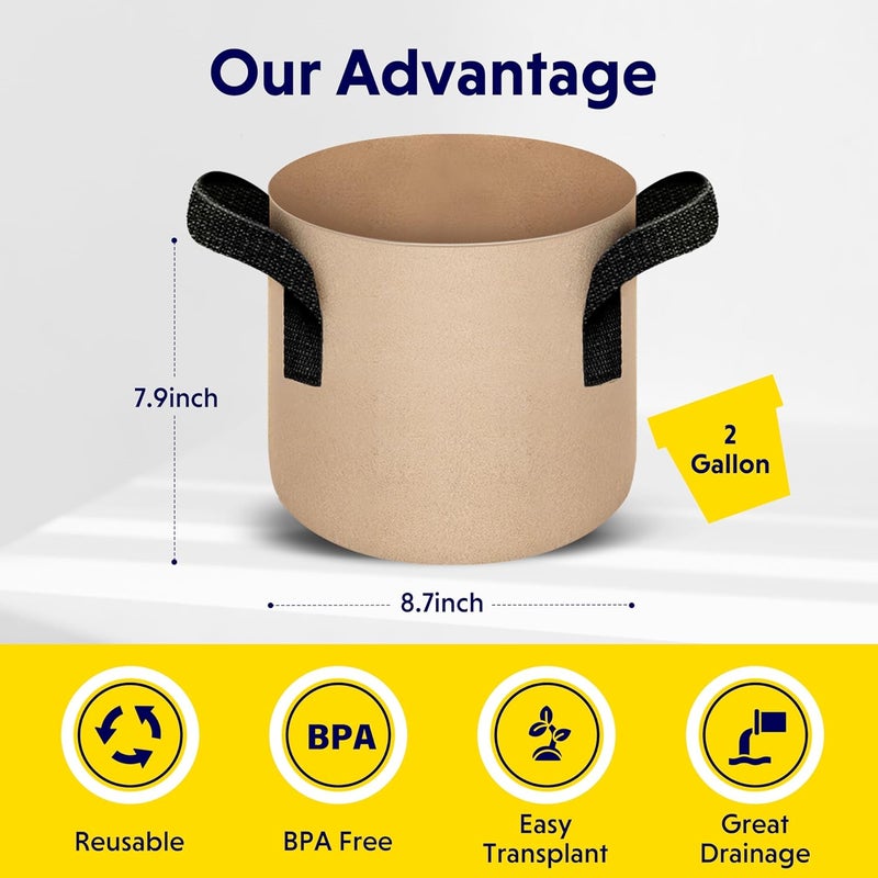 YSSOA 5-Pack 2 Gallon Grow Bags Heavy Duty Thickened Nonwoven Aeration Fabric Pots with Handles, Cloth Pots for Plants, Vegetable, Flower, Tomato Potato - Image 2